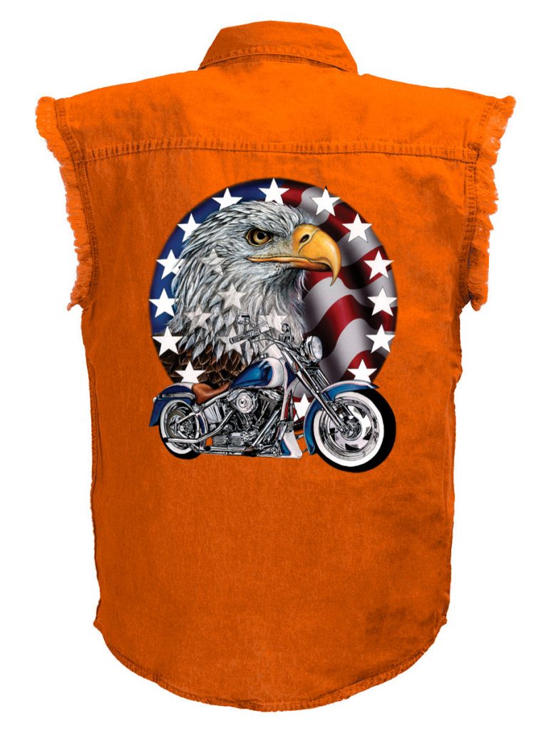 Men’s Patriotic Bald Eagle Motorcycle Orange Cutoff Denim Biker Shirt