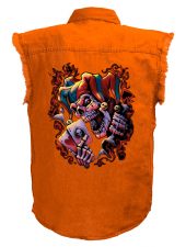 mens jester skull playing cards orange denim biker shirt