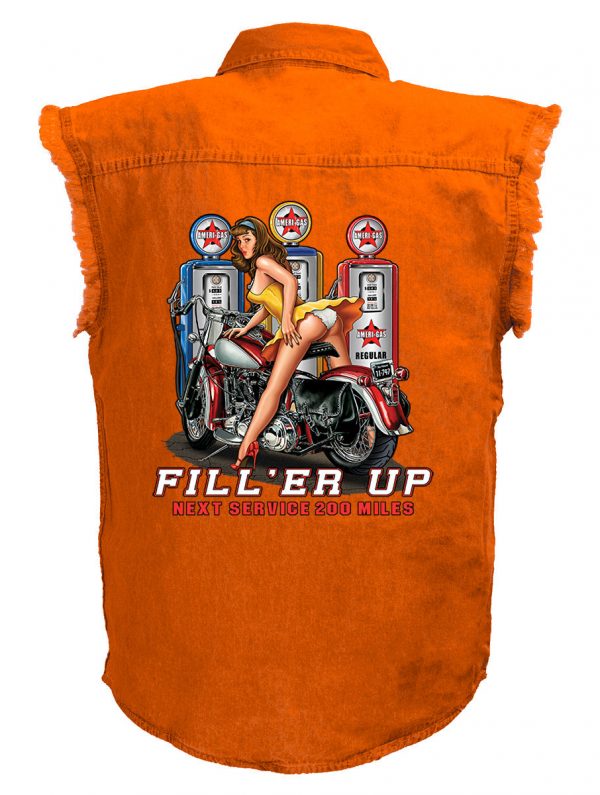 mens fill er up sexy babe orange biker denim shirt