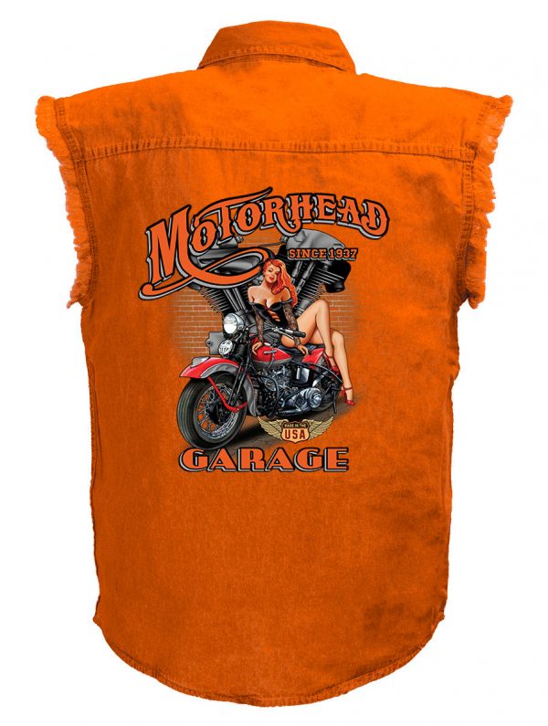 mens motorhead garage orange denim biker shirt