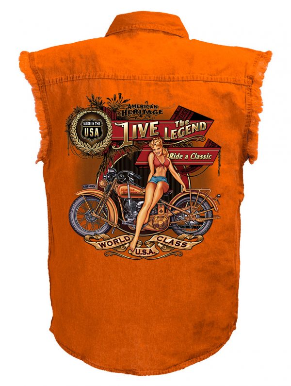 mens live the legend babe orange denim biker shirt