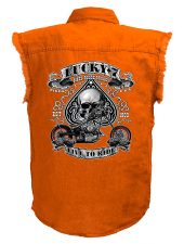 mens lucky 7 skull spade motorcycle orange denim biker shirt