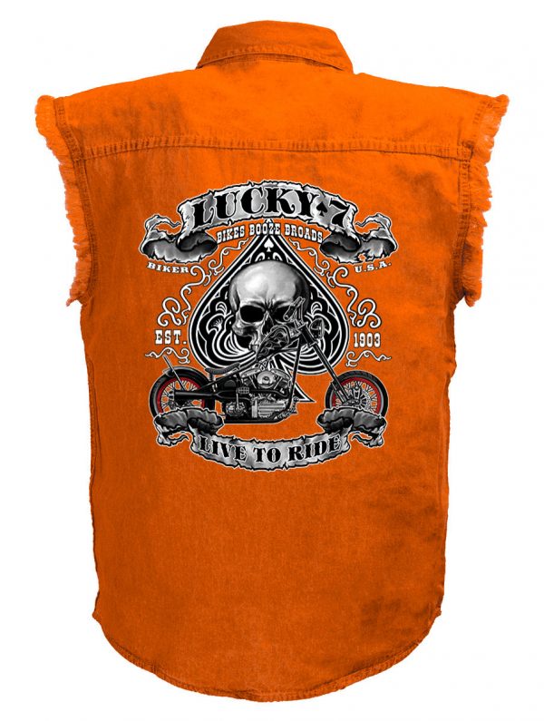 mens lucky 7 skull spade motorcycle orange denim biker shirt