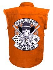 mens aces and eights dead mans hand orange denim shirt