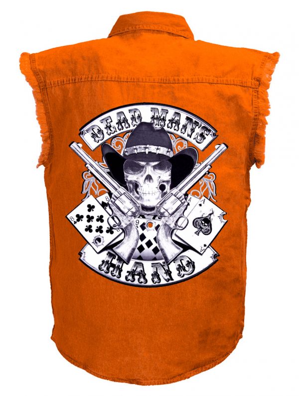 mens aces and eights dead mans hand orange denim shirt