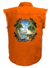 mens enjoy life at the beach orange denim biker shirt