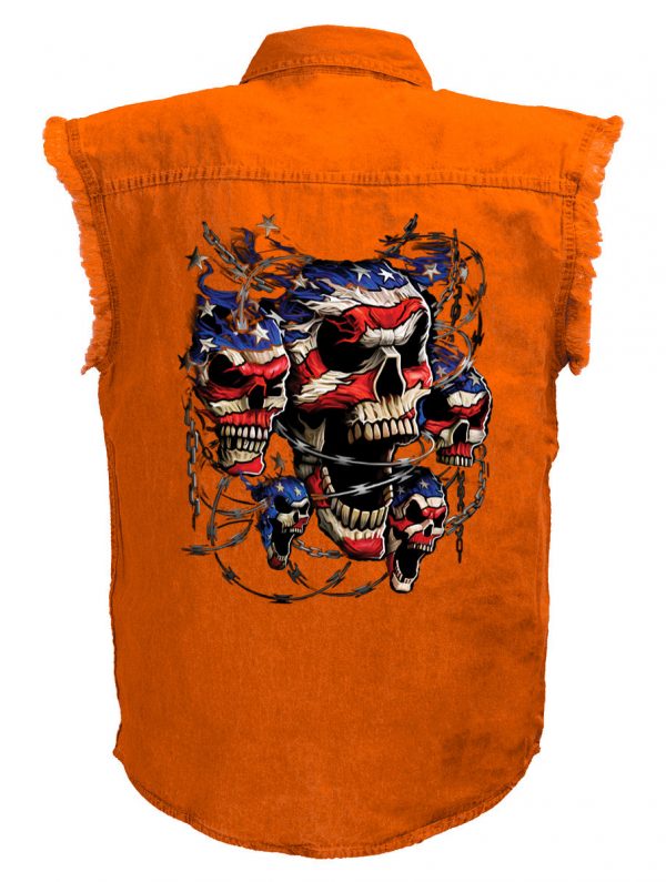 mens patriotic screaming skulls orange denim shirt