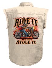 mens ride it like you stole it hog white denim biker shirt