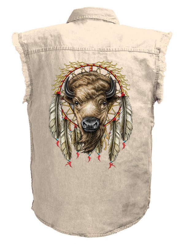 mens native american dreamcatcher bull white denim biker shirt