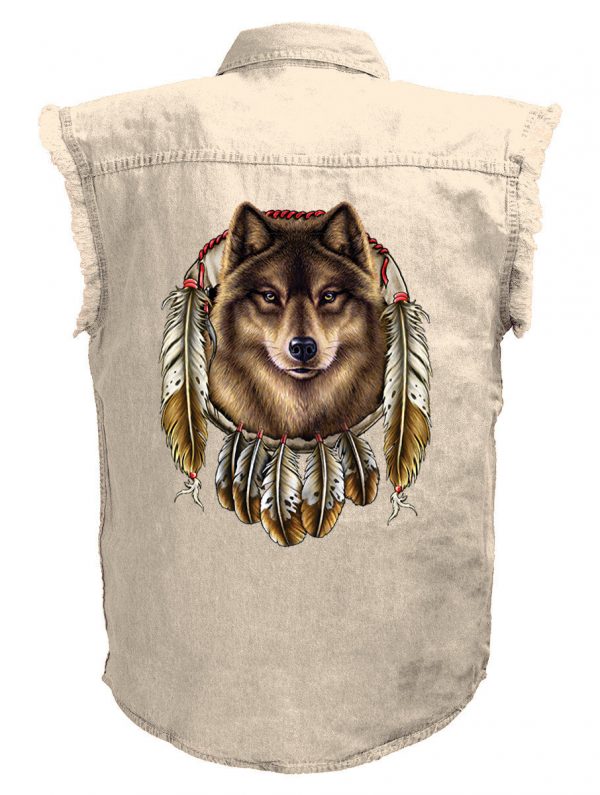 mens native american dreamcatcher wolf white denim biker shirt