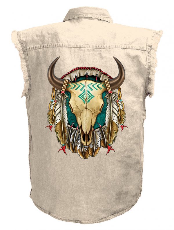 mens native american dreamcatcher steer white denim biker shirt