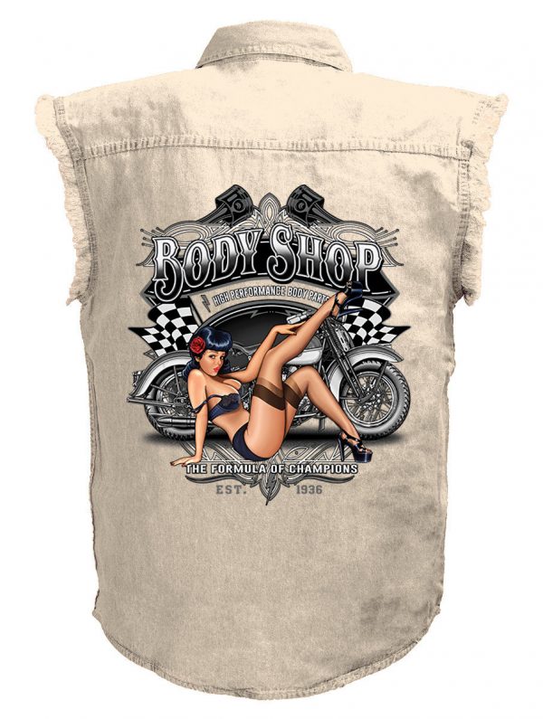 mens body shop pin up babe white denim biker shirt