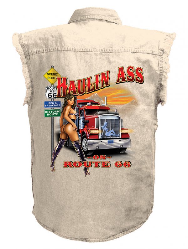 mens haulin ass babe trucker white denim biker shirt