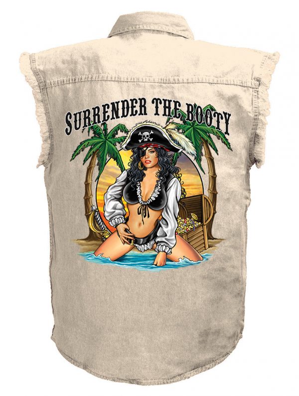 mens surrender the booty pirate babe white denim biker shirt