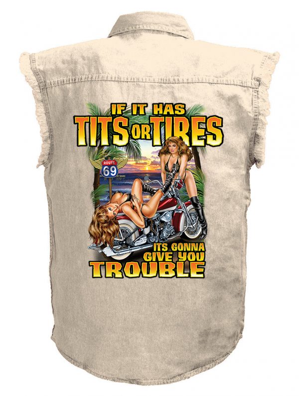 mens tits or tires hot babes white denim biker shirt