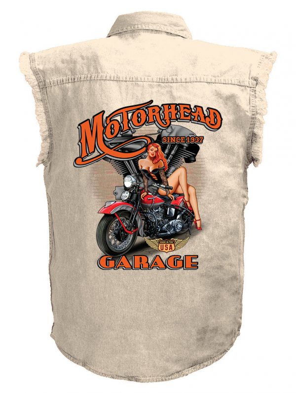 mens motorhead garage babe white denim biker shirt