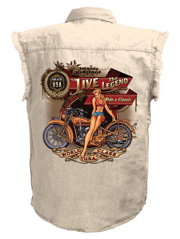 mens live the legend babe white denim biker shirt