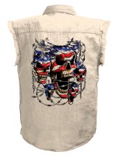 mens patriotic screaming skulls white denim biker shirt