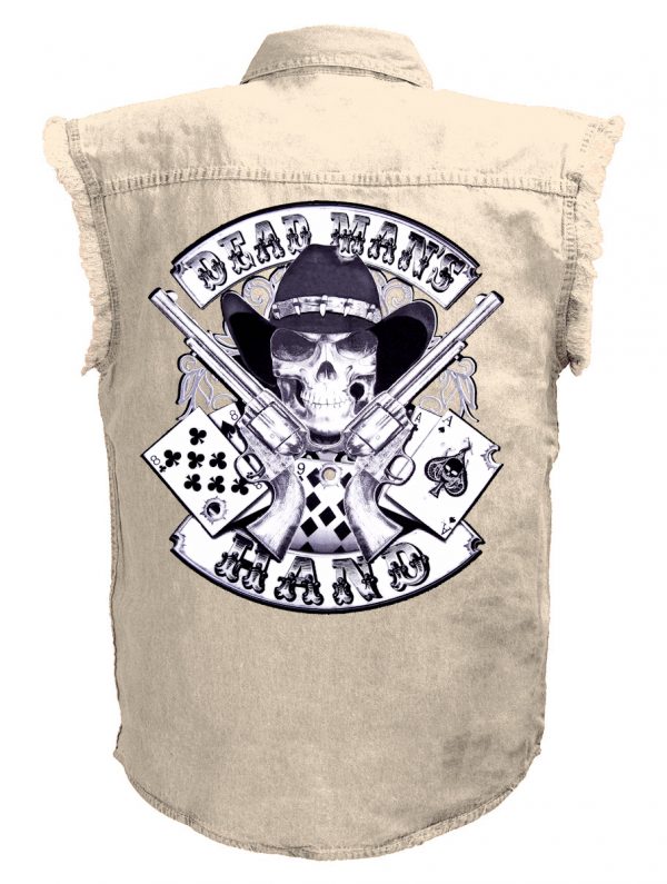 mens aces and eights dead mans hand white denim biker shirt