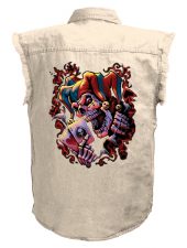 mens jester skull with aces white denim biker shirt