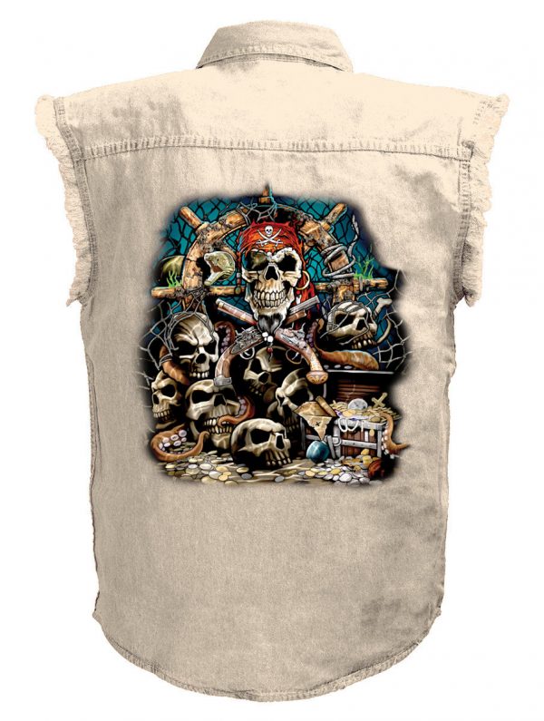 mens pirate skull treasure chest white denim biker shirt