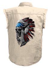 mens patriotic native american indian headdress white denim biker shirt