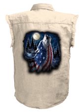 mens patriotic howling at the moon white denim biker shirt