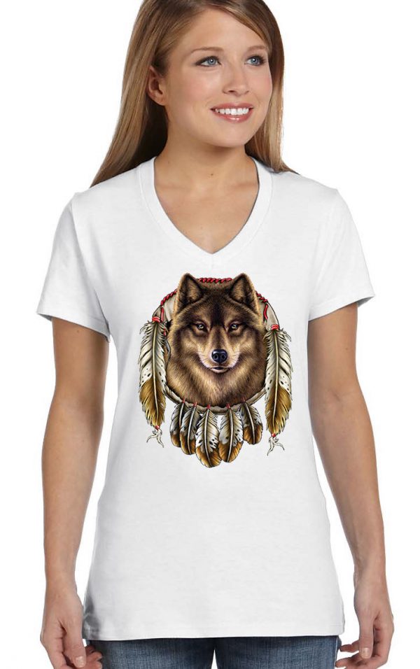 ladies native american dreamcatcher wolf white biker tee