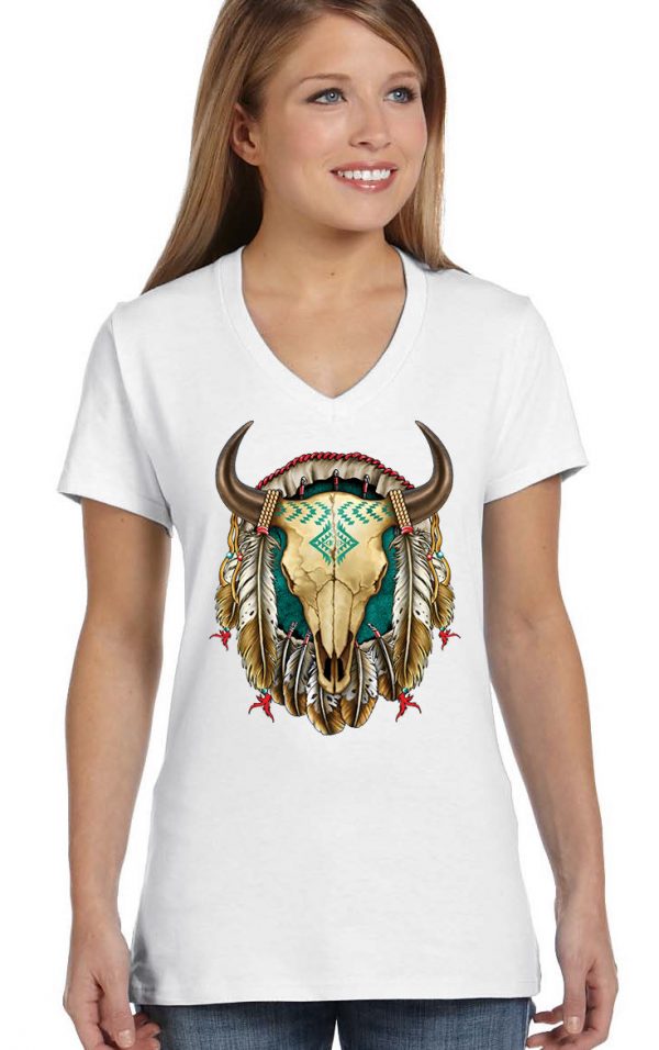 ladies native american dreamcatcher steer head white biker tee