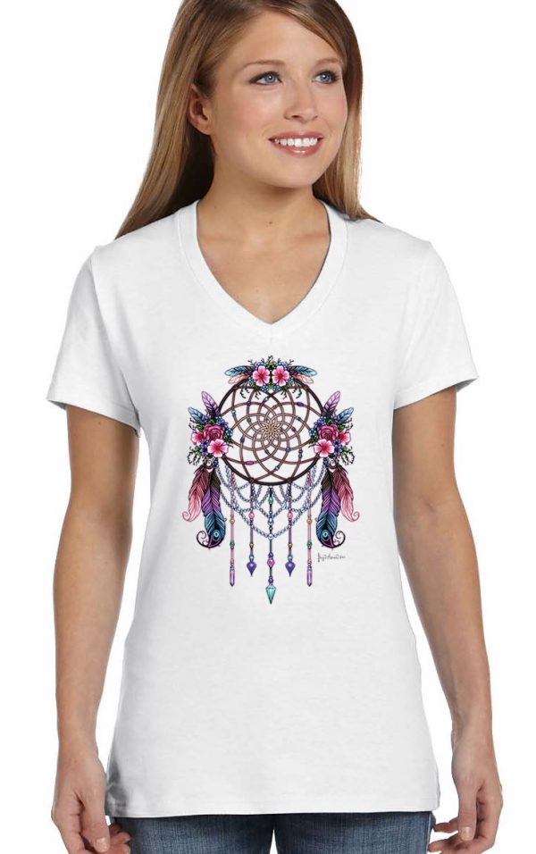 ladies floral dreamcatcher white biker tee shirt