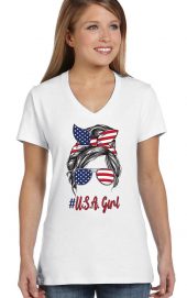 ladies USA girl bun head white biker tee