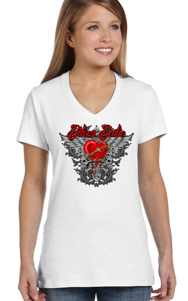 ladies biker babe red heart wings white biker tee