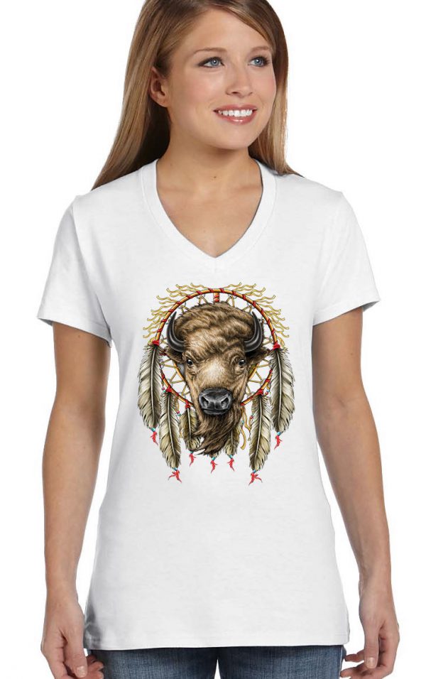 ladies native american buffalo head white biker tee