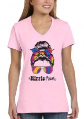 ladies colorful hippie mom bun head light pink biker tee