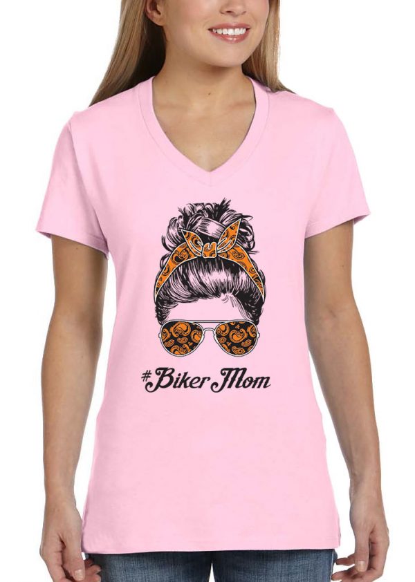 ladies biker mom bun head light pink biker tee