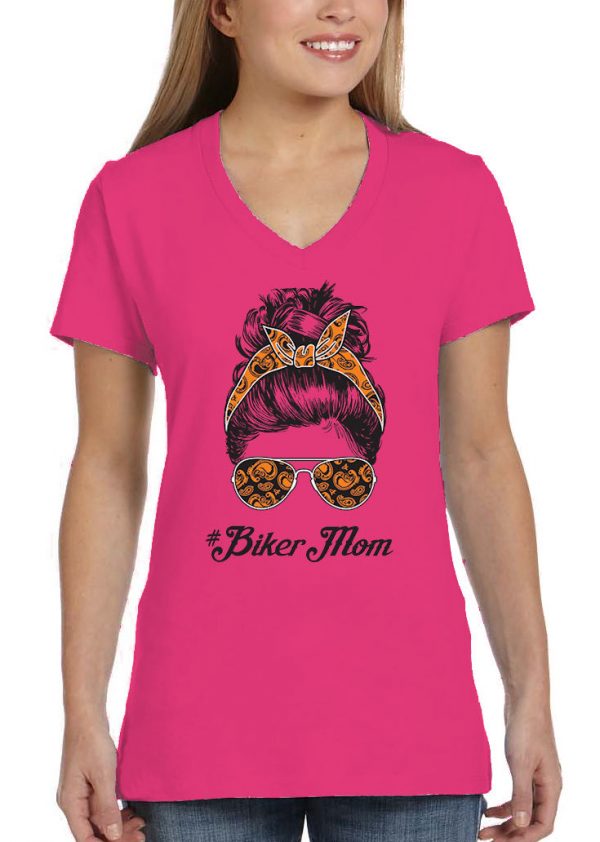 ladies biker mom bun head pink biker tee