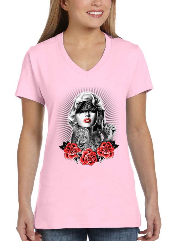 ladies marilyn monroe red roses light pink biker tee