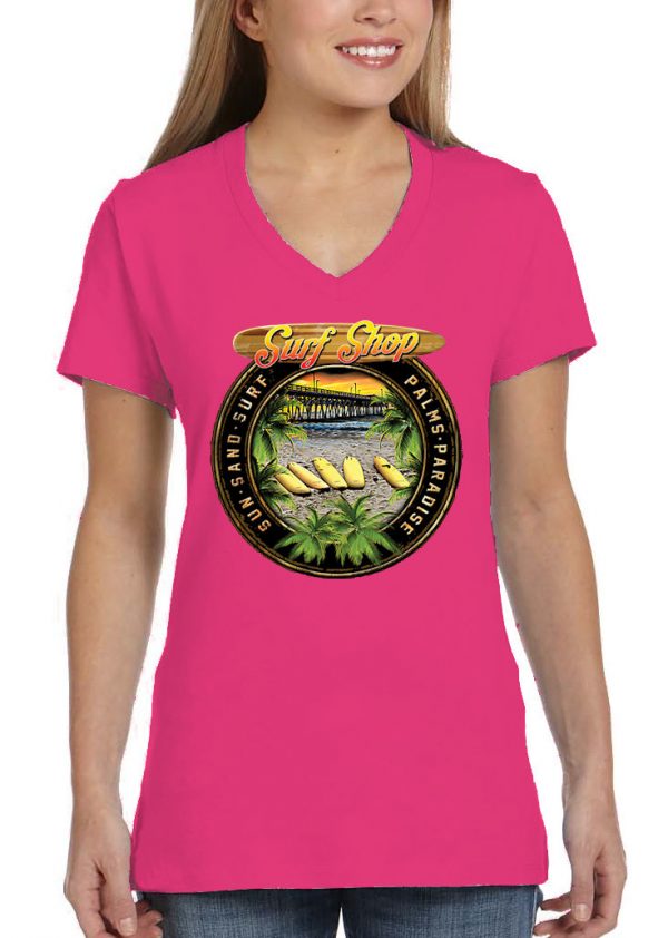 Ladies Palms Paradise Surf Shop Pink V-Neck Biker T-Shirt