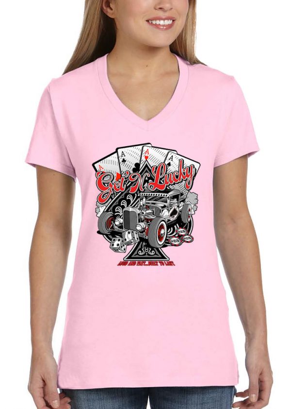 ladies get n lucky playing cards light pink biker tee