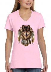 ladies native american dreamcatcher wolf light pink biker tee