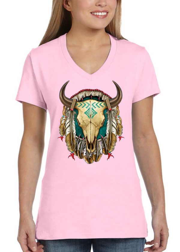 ladies native american dreamcatcher steer head light pink biker tee