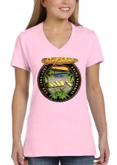 ladies palms paradise surf shop light pink biker tee