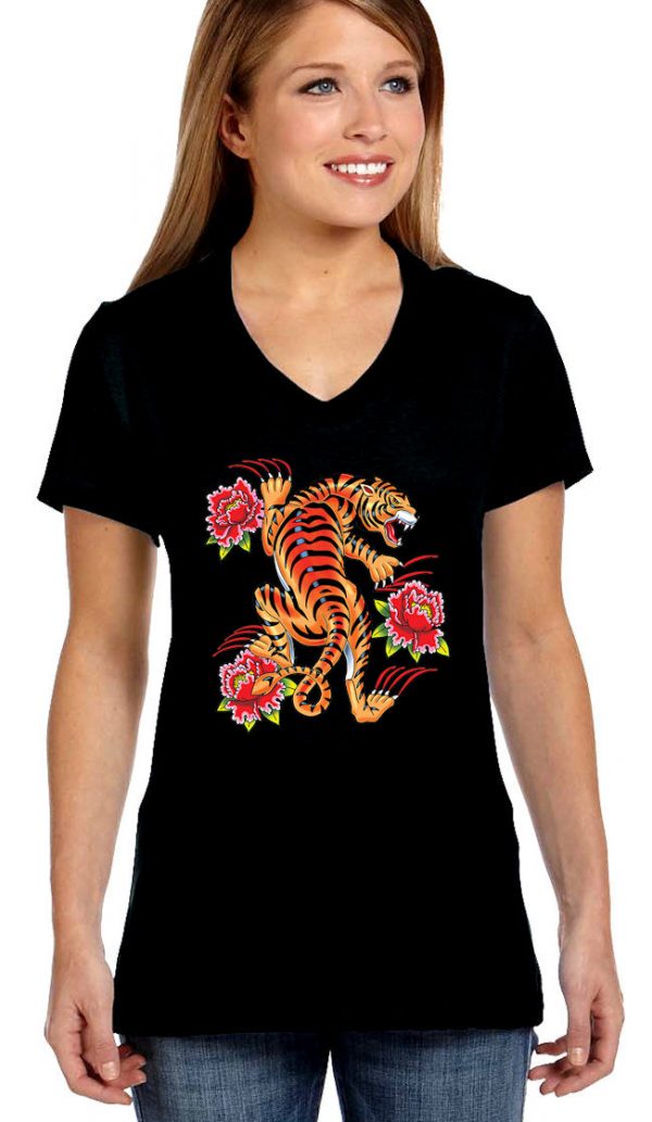 ladies mean orange tiger roses biker tee