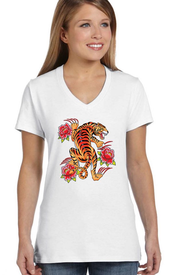 ladies mean orange tiger biker tee