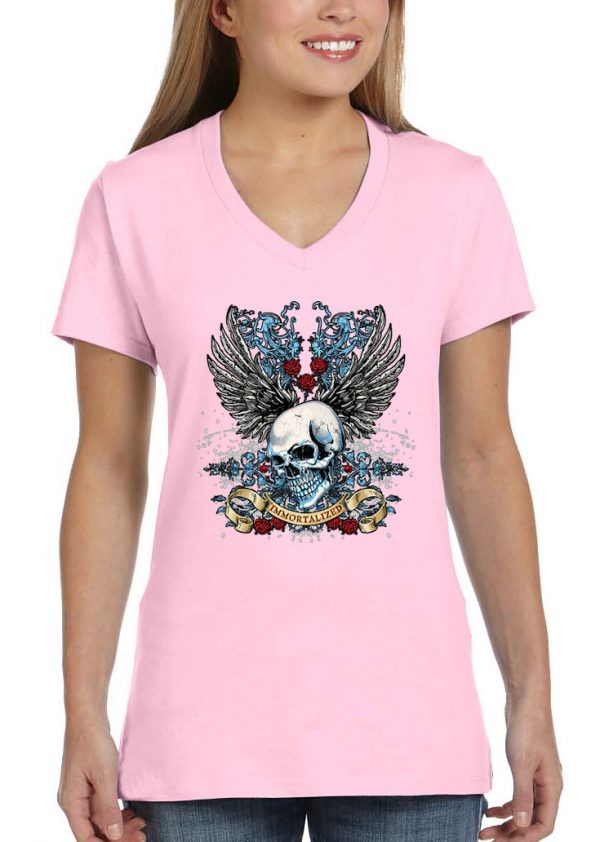 ladies immortalized skull pink biker tee