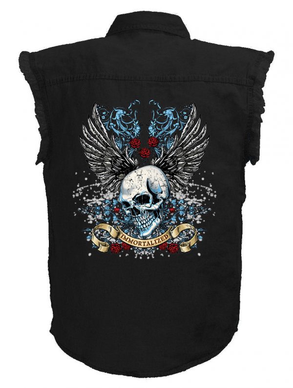 mens Immortalized Skull With Wings And Roses black denim biker shirt