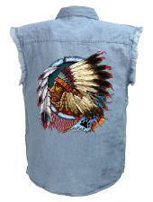 mens native american chief blue denim biker shirt