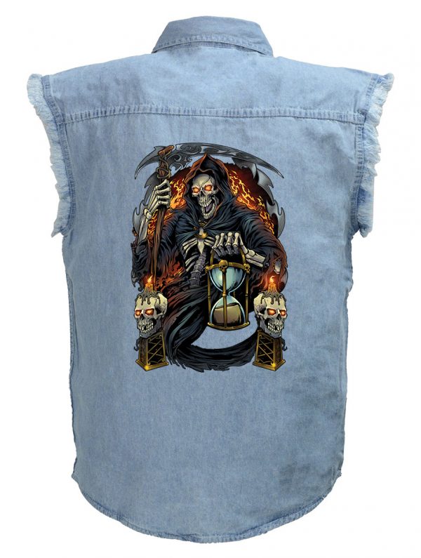 mens skull and scythes blue denim biker shirt