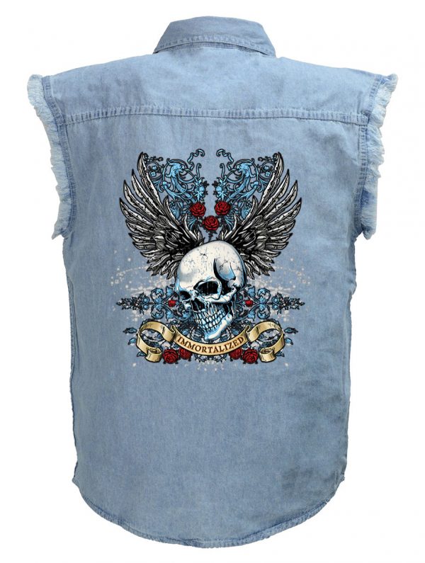 mens immortalized skull wings blue denim biker shirt