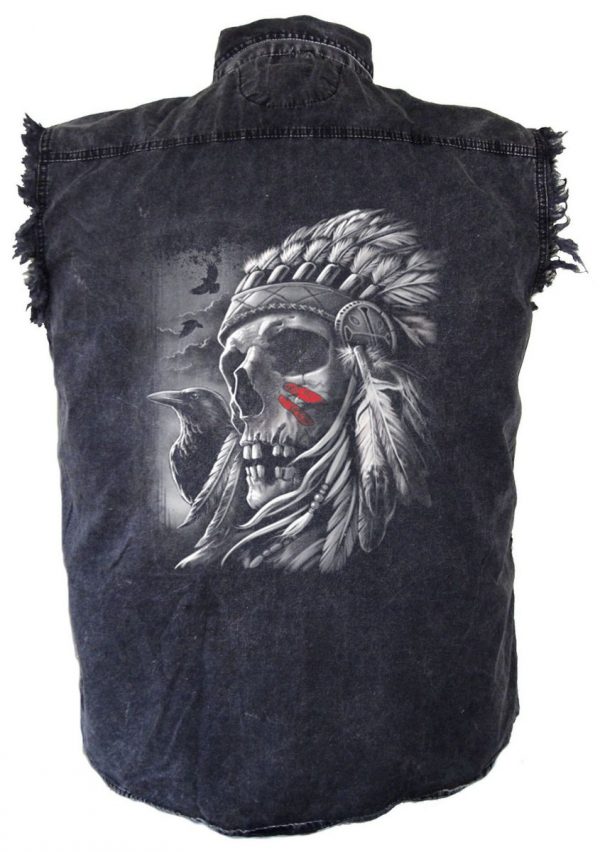 Men's Native American Indian Skull Headdress Raven Acid Washed Cutoff Denim Biker Shirt